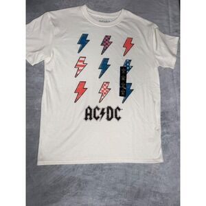AC/DC Graphic T-Shirt Cream Lightning Bolt Americana Stars Stripes Kids L 10/12